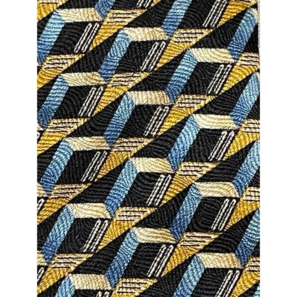 John Henry‎ Mens Vintage Silk Necktie 57 X4 Zig-Zag Abstract Print Blue Gold